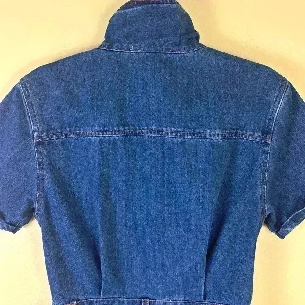Le Lis Denim “70’s” Retro Collared Button Down Fitted Raw Hem Jean Dress Size M - Picture 10 of 16